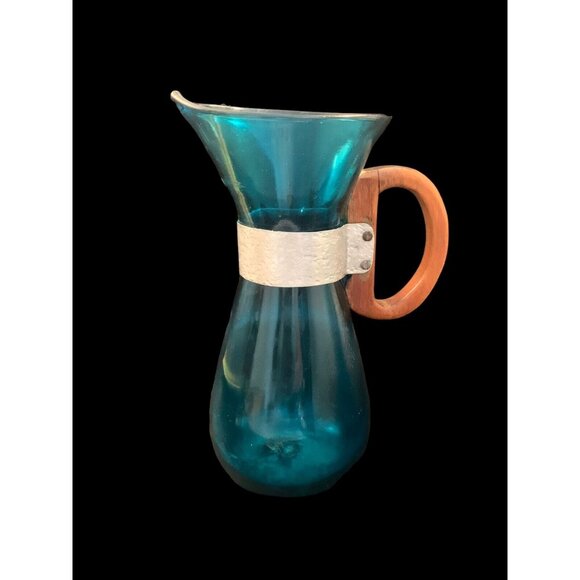 Vintage Blown Glass Turquoise Teal Water Wine Beverage Carafe Wood Metal Handle - Picture 6 of 11